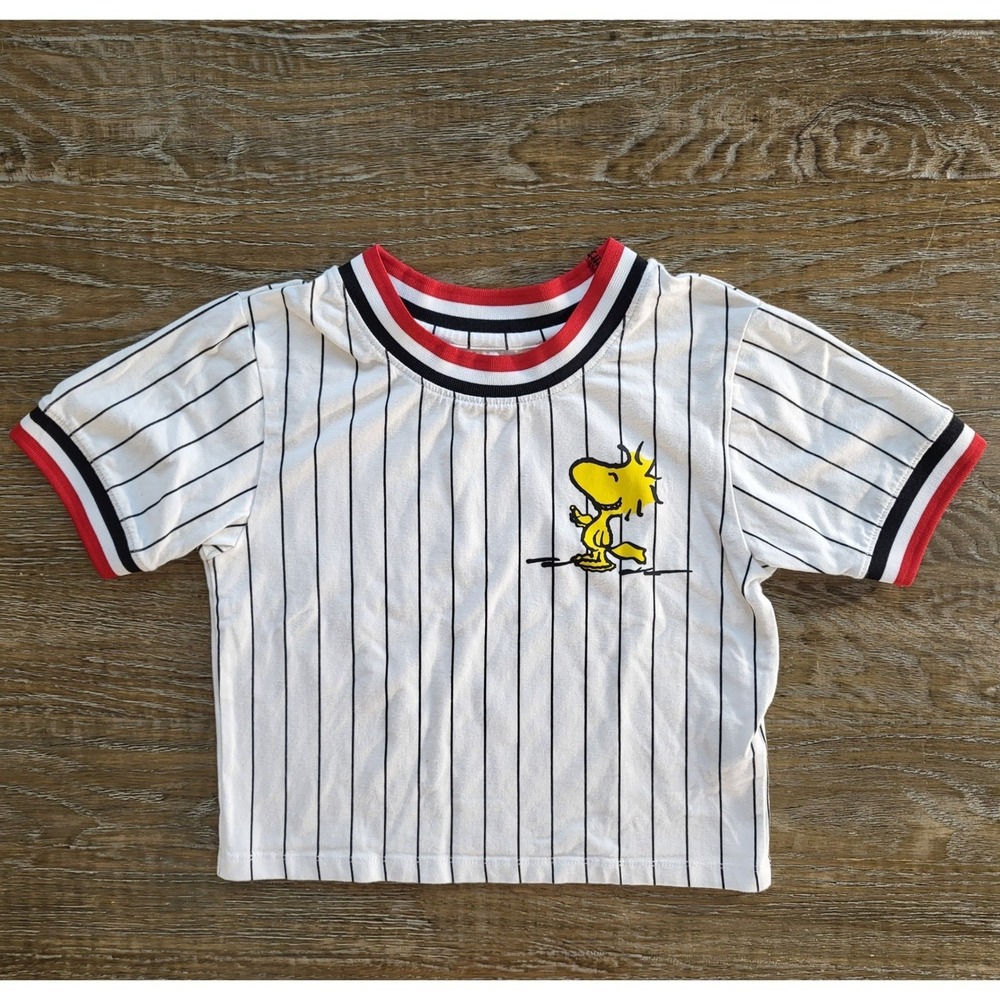 Peanuts Woodstock Pinstripe Baseball Crop Top White Red Black Small